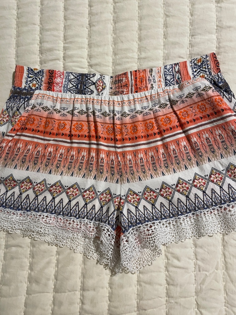 Joe B Coral, Navy & White Boho High-Waist Crochet-Trim Shorts